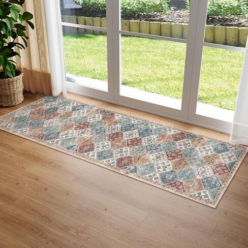 Morebes Machine Washable Runner Rug Non Slip 2x8, Moroccan Trellis Hallway Runner Rug 8 ft,Vintage Soft Ultra-Thin Indoor Throw Carpet for Entryway Bedroom Laundry Room, Blue/Multi in Saudi Arabia