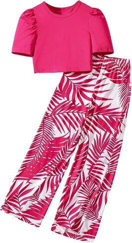 OYOANGLE Girl's 2 Piece Outfits Boho Short Puff Sleeve Round Neck Top Shirts and Wide Leg Pants Sets in Saudi Arabia
