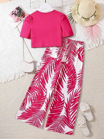 OYOANGLE Girl's 2 Piece Outfits Boho Short Puff Sleeve Round Neck Top Shirts and Wide Leg Pants Sets in Saudi Arabia