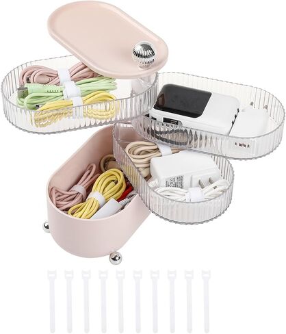 FABROK Rotatable Cable Organizer with 10 Cable Ties, Plastic Cable Organizer with 4-Layer, Electronic Accessories Case for Desk Drawer, Cord Storage Organizer for Headset, Charger, Data Cable(Pink) in Saudi Arabia
