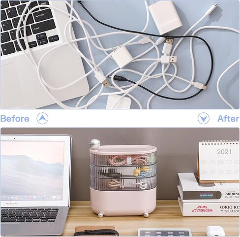 FABROK Rotatable Cable Organizer with 10 Cable Ties, Plastic Cable Organizer with 4-Layer, Electronic Accessories Case for Desk Drawer, Cord Storage Organizer for Headset, Charger, Data Cable(Pink) in Saudi Arabia