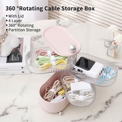 FABROK Rotatable Cable Organizer with 10 Cable Ties, Plastic Cable Organizer with 4-Layer, Electronic Accessories Case for Desk Drawer, Cord Storage Organizer for Headset, Charger, Data Cable(Pink) in Saudi Arabia