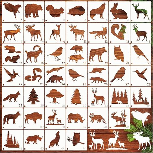 45 قطعة من استنسل حيوانات الغابة للرسم على استنسل شجرة الحياة البرية الخشبية، أنماط حرق الحياة البرية، قالب الدببة الغزلان على قماش جداري فني من القماش الصخري (45 حياة برية) in Kuwait