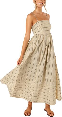 chouyatou Women's Striped Back Smocked Maxi Dress Sexy Spaghetti Strap Cut Out Flowy Swing Long Dress in Saudi Arabia