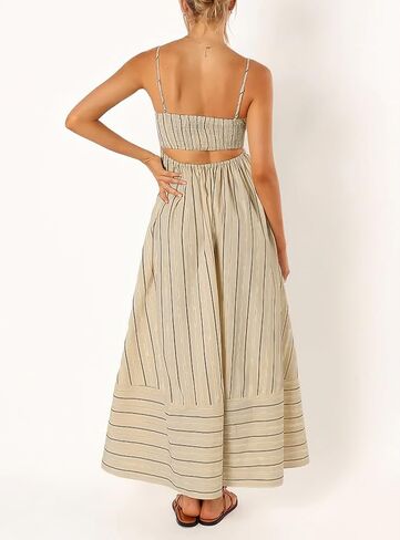 chouyatou Women's Striped Back Smocked Maxi Dress Sexy Spaghetti Strap Cut Out Flowy Swing Long Dress in Saudi Arabia