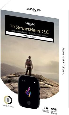 مشغل MP3 Samvix Tiny Smartbass 2.0 4GB Kosher مع فتحة SD (حتى 128 جيجابايت)، شاحن من النوع C، بلوتوث، شاشة لمس، مكبر صوت مدمج، ساعة منبه، ساعة إيقاف، تقويم (أسود) in Kuwait