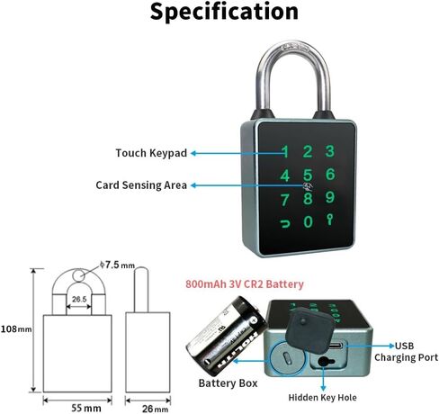 Combination Smart Padlock, Bluetooth Lock, APP Controlled, Touchscreen Keypad, Waterproof, Backup 2 Keys,7.5mm Schackle Suitable for Gym,Warehouse,Suitcase, Bike, School, Fence and Storage in Kuwait