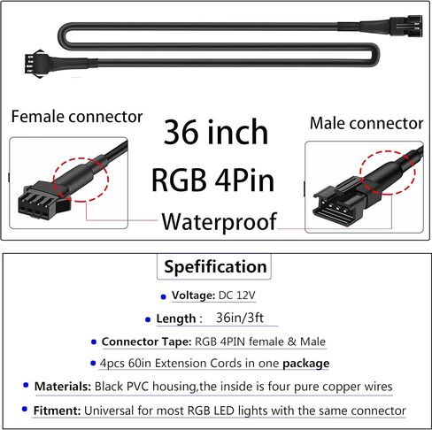 4Pcs 60in Extension Cords RGB 5 Feet Extension Cables for Rock Lights Motorcycle LED Light Kit Underglow Neon Accent Light Strips in Saudi Arabia