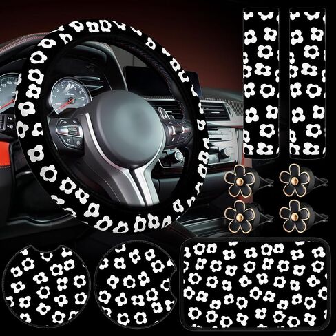 Frienda 10 Pcs Cute Flower Car Accessories Set Floral Steering Wheel Cover Flowers Car Air Vent Clips Car Cup Mats Center Console Pad Seat Belt Covers for Women Ladies Car Decorations (Black) in Saudi Arabia