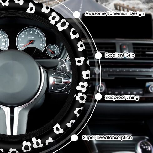 Frienda 10 Pcs Cute Flower Car Accessories Set Floral Steering Wheel Cover Flowers Car Air Vent Clips Car Cup Mats Center Console Pad Seat Belt Covers for Women Ladies Car Decorations (Black) in Saudi Arabia
