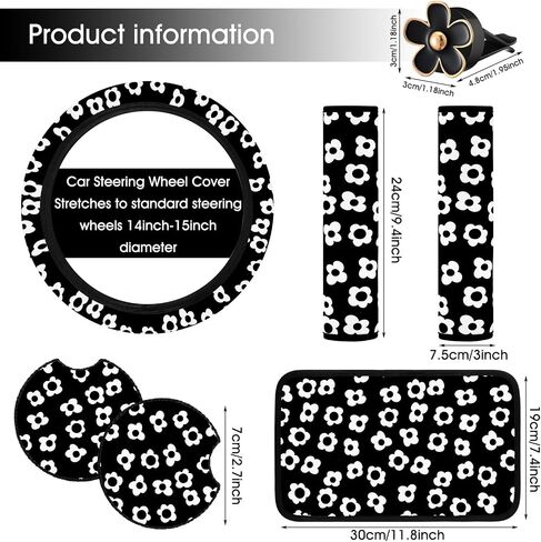 Frienda 10 Pcs Cute Flower Car Accessories Set Floral Steering Wheel Cover Flowers Car Air Vent Clips Car Cup Mats Center Console Pad Seat Belt Covers for Women Ladies Car Decorations (Black) in Saudi Arabia