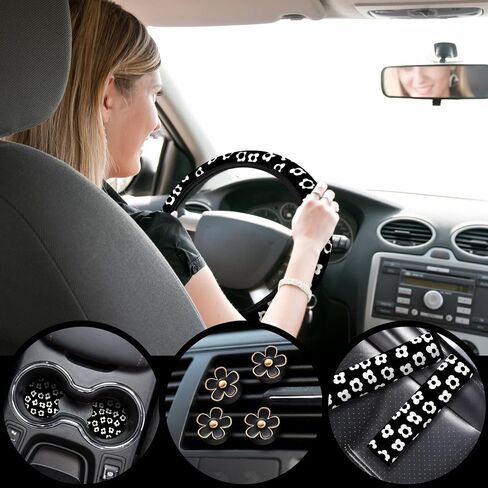 Frienda 10 Pcs Cute Flower Car Accessories Set Floral Steering Wheel Cover Flowers Car Air Vent Clips Car Cup Mats Center Console Pad Seat Belt Covers for Women Ladies Car Decorations (Black) in Saudi Arabia