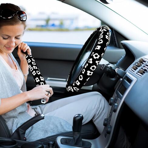 Frienda 10 Pcs Cute Flower Car Accessories Set Floral Steering Wheel Cover Flowers Car Air Vent Clips Car Cup Mats Center Console Pad Seat Belt Covers for Women Ladies Car Decorations (Black) in Saudi Arabia