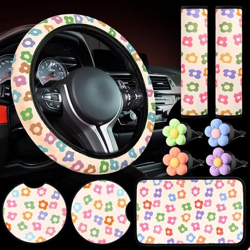 Frienda 10 Pcs Cute Flower Car Accessories Set Floral Steering Wheel Cover Flowers Car Air Vent Clips Car Cup Mats Center Console Pad Seat Belt Covers for Women Ladies Car Decorations (Black) in Saudi Arabia