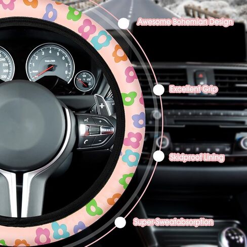 Frienda 10 Pcs Cute Flower Car Accessories Set Floral Steering Wheel Cover Flowers Car Air Vent Clips Car Cup Mats Center Console Pad Seat Belt Covers for Women Ladies Car Decorations (Black) in Saudi Arabia