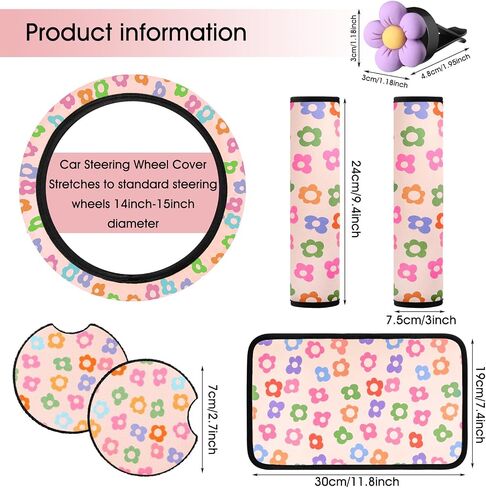 Frienda 10 Pcs Cute Flower Car Accessories Set Floral Steering Wheel Cover Flowers Car Air Vent Clips Car Cup Mats Center Console Pad Seat Belt Covers for Women Ladies Car Decorations (Black) in Saudi Arabia
