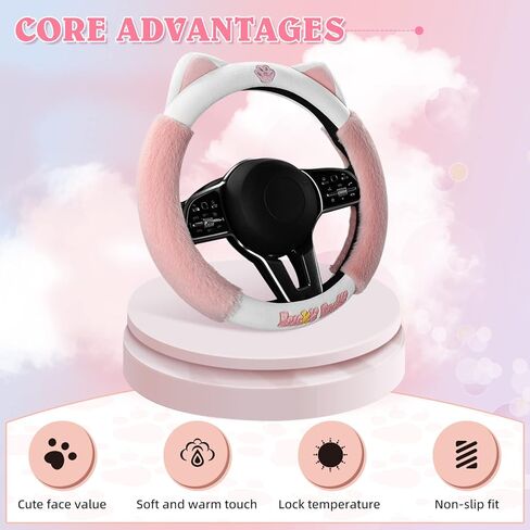 ElekTonny الوردي لطيف القط الشتاء الدافئة القطيفة غطاء عجلة القيادة السيارات للنساء الفتيات، أغطية عجلة القيادة رقيق للنساء، العالمي 38 سم اكسسوارات السيارات in Kuwait
