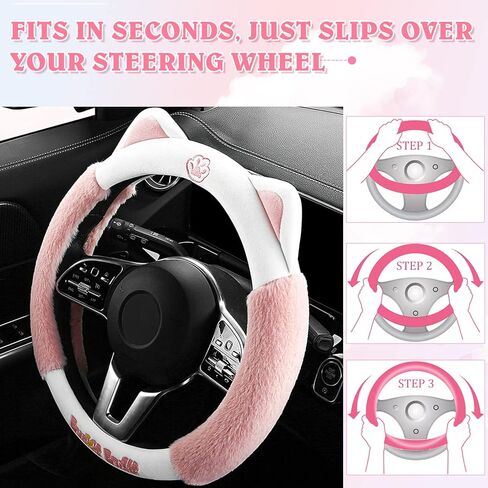 ElekTonny الوردي لطيف القط الشتاء الدافئة القطيفة غطاء عجلة القيادة السيارات للنساء الفتيات، أغطية عجلة القيادة رقيق للنساء، العالمي 38 سم اكسسوارات السيارات in Kuwait
