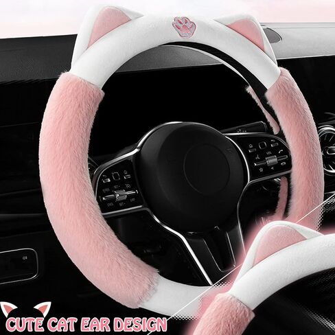 ElekTonny الوردي لطيف القط الشتاء الدافئة القطيفة غطاء عجلة القيادة السيارات للنساء الفتيات، أغطية عجلة القيادة رقيق للنساء، العالمي 38 سم اكسسوارات السيارات in Kuwait