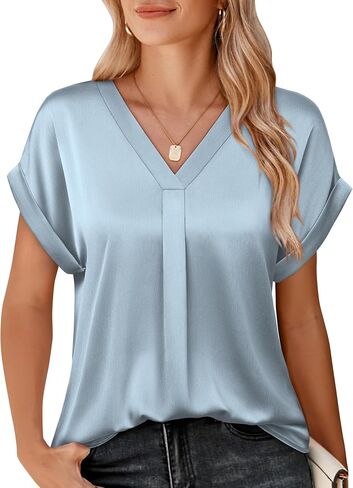 Youtalia Womens Silk Satin Short Sleeve Blouses Business Work Tops V Neck Loose Fit Shirts in Saudi Arabia