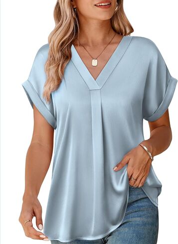 Youtalia Womens Silk Satin Short Sleeve Blouses Business Work Tops V Neck Loose Fit Shirts in Saudi Arabia