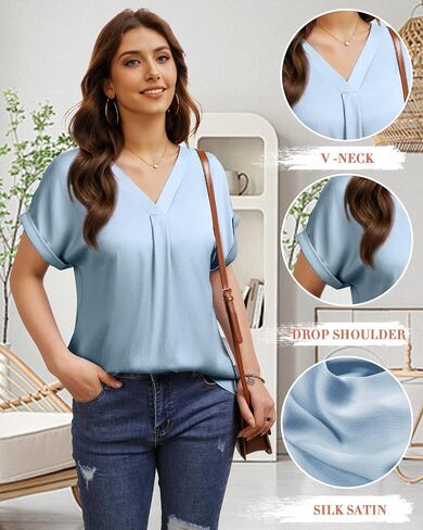Youtalia Womens Silk Satin Short Sleeve Blouses Business Work Tops V Neck Loose Fit Shirts in Saudi Arabia