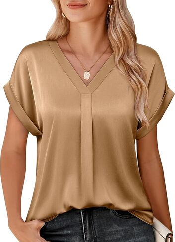 Youtalia Womens Silk Satin Short Sleeve Blouses Business Work Tops V Neck Loose Fit Shirts in Saudi Arabia