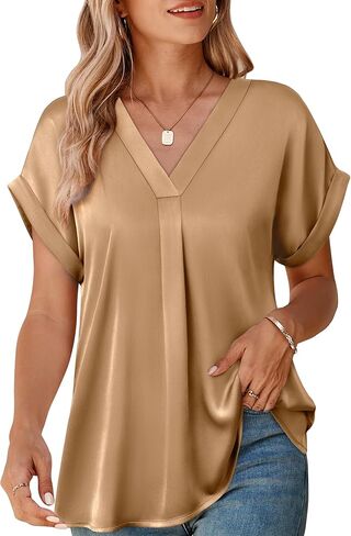 Youtalia Womens Silk Satin Short Sleeve Blouses Business Work Tops V Neck Loose Fit Shirts in Saudi Arabia