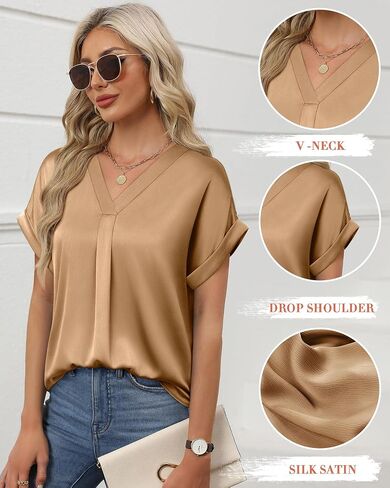 Youtalia Womens Silk Satin Short Sleeve Blouses Business Work Tops V Neck Loose Fit Shirts in Saudi Arabia