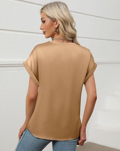 Youtalia Womens Silk Satin Short Sleeve Blouses Business Work Tops V Neck Loose Fit Shirts in Saudi Arabia