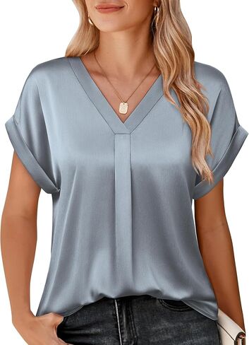 Youtalia Womens Silk Satin Short Sleeve Blouses Business Work Tops V Neck Loose Fit Shirts in Kuwait