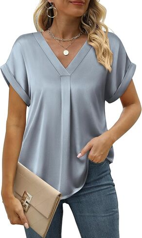 Youtalia Womens Silk Satin Short Sleeve Blouses Business Work Tops V Neck Loose Fit Shirts in Kuwait