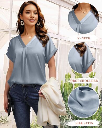 Youtalia Womens Silk Satin Short Sleeve Blouses Business Work Tops V Neck Loose Fit Shirts in Kuwait