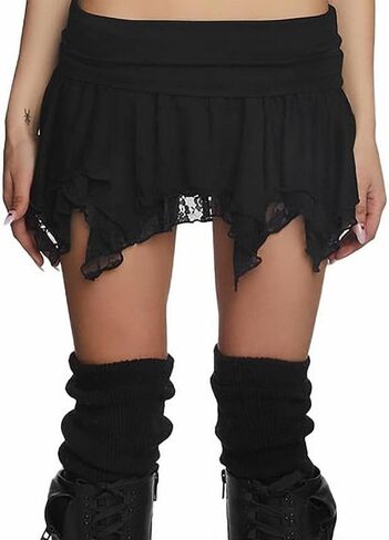 Y2k Ruffle Mini Skirt for Women Lace Hem Low Rise Pleated Short Skirt Fairy A-line Tiered Flowy Skirt Streetwear in Saudi Arabia