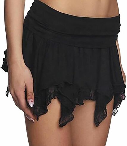 Y2k Ruffle Mini Skirt for Women Lace Hem Low Rise Pleated Short Skirt Fairy A-line Tiered Flowy Skirt Streetwear in Saudi Arabia