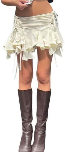 Y2k Ruffle Mini Skirt for Women Lace Hem Low Rise Pleated Short Skirt Fairy A-line Tiered Flowy Skirt Streetwear in Saudi Arabia