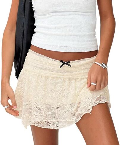 Y2k Ruffle Mini Skirt for Women Lace Hem Low Rise Pleated Short Skirt Fairy A-line Tiered Flowy Skirt Streetwear in Saudi Arabia