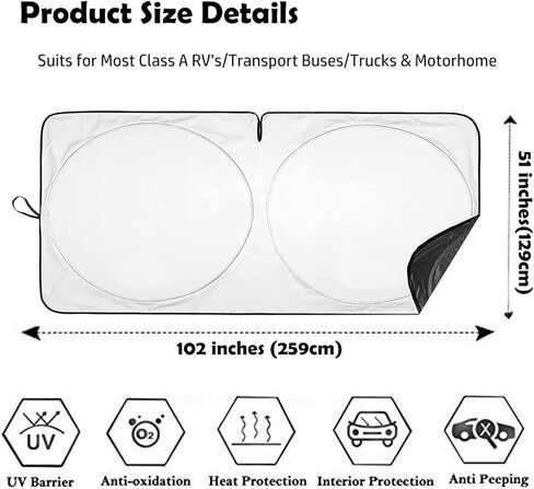 مظلة الزجاج الأمامي لحافلة Big Ant RV، مظلة شمسية عاكسة للأشعة فوق البنفسجية بقوة 240 طن تحافظ على برودة منزل RV الخاص بك، مخصصة للمركبات الترفيهية الأمامية والشاحنات والبيوت المتنقلة والحافلات الكبيرة in Kuwait