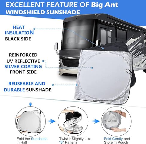مظلة الزجاج الأمامي لحافلة Big Ant RV، مظلة شمسية عاكسة للأشعة فوق البنفسجية بقوة 240 طن تحافظ على برودة منزل RV الخاص بك، مخصصة للمركبات الترفيهية الأمامية والشاحنات والبيوت المتنقلة والحافلات الكبيرة in Kuwait