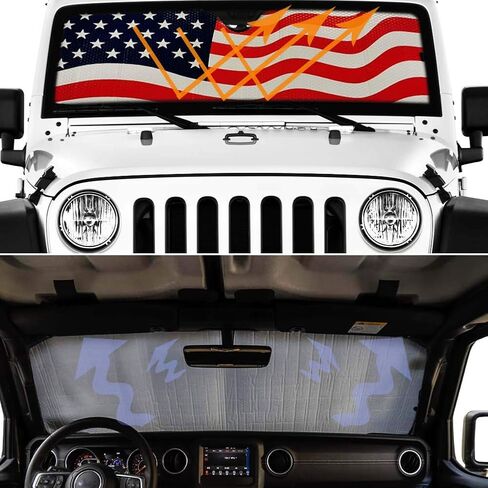 كبير النمل الزجاج الأمامي الشمس الظل، العلم الأمريكي سيارة الظل الزجاج الأمامي الأمامي مصممة للصحراء روبيكون JK JL CJ YJ TJ، لوحة القيادة طوي درع الشمس قناع للأشعة فوق البنفسجية والحرارة in Kuwait