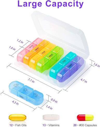 منظم حبوب منع الحمل الأسبوعي 3 مرات في اليوم، صندوق حبوب صغير الحجم لمدة 7 أيام، مقصورات كبيرة مقاومة للرطوبة، علبة حبوب الدواء، تذكير للأدوية، موزع حبوب السفر المحمول للحبوب/الفيتامين/زيت السمك (أزرق) in Kuwait