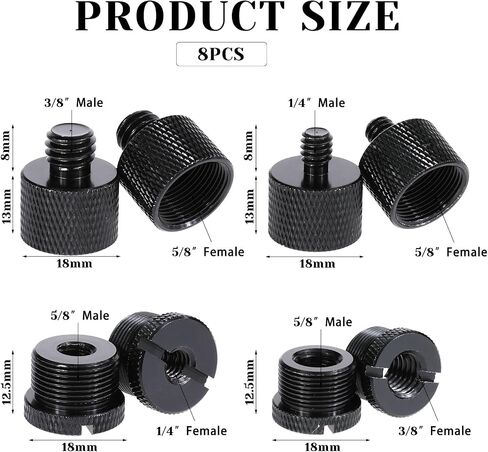 Molain 8Pcs Mic Stand Adapter Set, Alloy 5/8 Female to 3/8 Male 3/8 Female to 5/8 Male 5/8 Female to 1/4 Male 1/4 Female to 5/8 Male Screw for Mic Stand Boom Camera Tripod(Black) in Saudi Arabia
