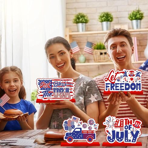 4 قطع ديكورات الرابع من يوليو قطع مركزية خشبية للطاولات ديكورات حفلات الرابع من يوليو وديكورات يوم الاستقلال ومستلزمات اليوم التذكاري للحفلات ذات الطابع الوطني الأمريكي in Kuwait