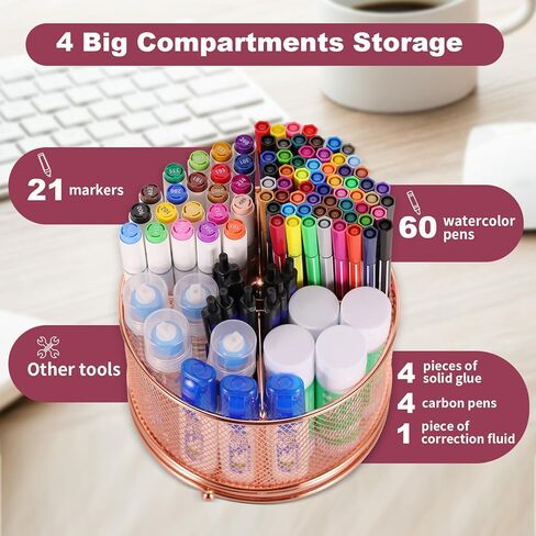 حامل أقلام للمكتب، منظم مكتب شبكي يدور 360 درجة بسعة كبيرة 4 مقصورات، ملحقات مكتبية متعددة الوظائف وحامل فرشاة مكياج للمكتب والمدرسة والمنزل (أسود) in Kuwait