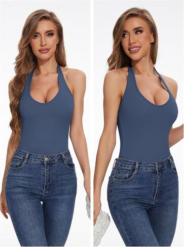 Sodtau Womens Halter V Neck Thong Bodysuit Backless Sexy Casual Leotard Sleeveless Y2k Tank Shapewear Bodysuit Top 2024 in Saudi Arabia