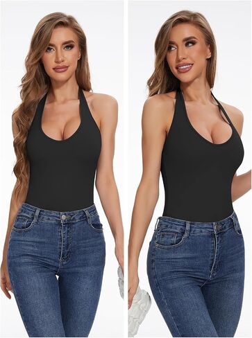 Sodtau Womens Halter V Neck Thong Bodysuit Backless Sexy Casual Leotard Sleeveless Y2k Tank Shapewear Bodysuit Top 2024 in Saudi Arabia