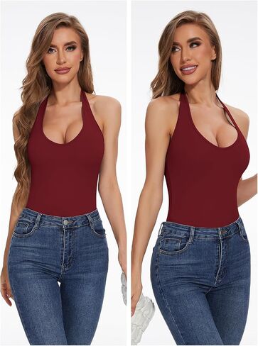 Sodtau Womens Halter V Neck Thong Bodysuit Backless Sexy Casual Leotard Sleeveless Y2k Tank Shapewear Bodysuit Top 2024 in Saudi Arabia