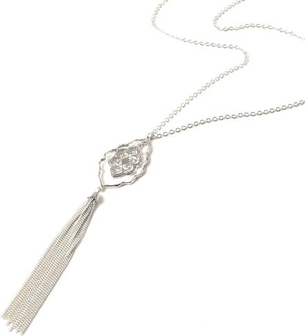 ALLISON ROSE ATELIER – Boho Pendant Necklace – Silver Plating – Bohemian Filigree Pendant Charm with Fringe Tassel – 29" Long Necklace for Women in Saudi Arabia