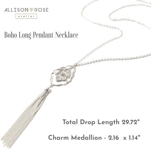 ALLISON ROSE ATELIER – Boho Pendant Necklace – Silver Plating – Bohemian Filigree Pendant Charm with Fringe Tassel – 29" Long Necklace for Women in Saudi Arabia