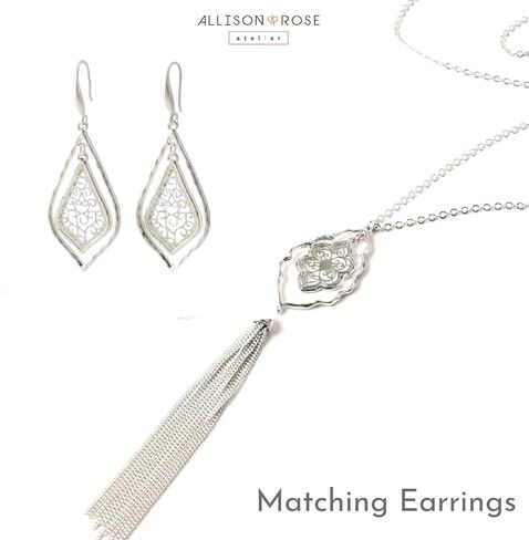 ALLISON ROSE ATELIER – Boho Pendant Necklace – Silver Plating – Bohemian Filigree Pendant Charm with Fringe Tassel – 29" Long Necklace for Women in Saudi Arabia